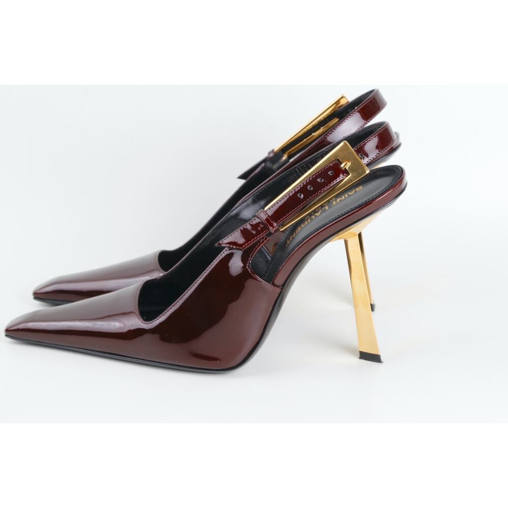 Saint Laurent Lee Burgundy Patent Leather Slingback Pointed Toe Heels Gold 37 - Picture 2 of 16